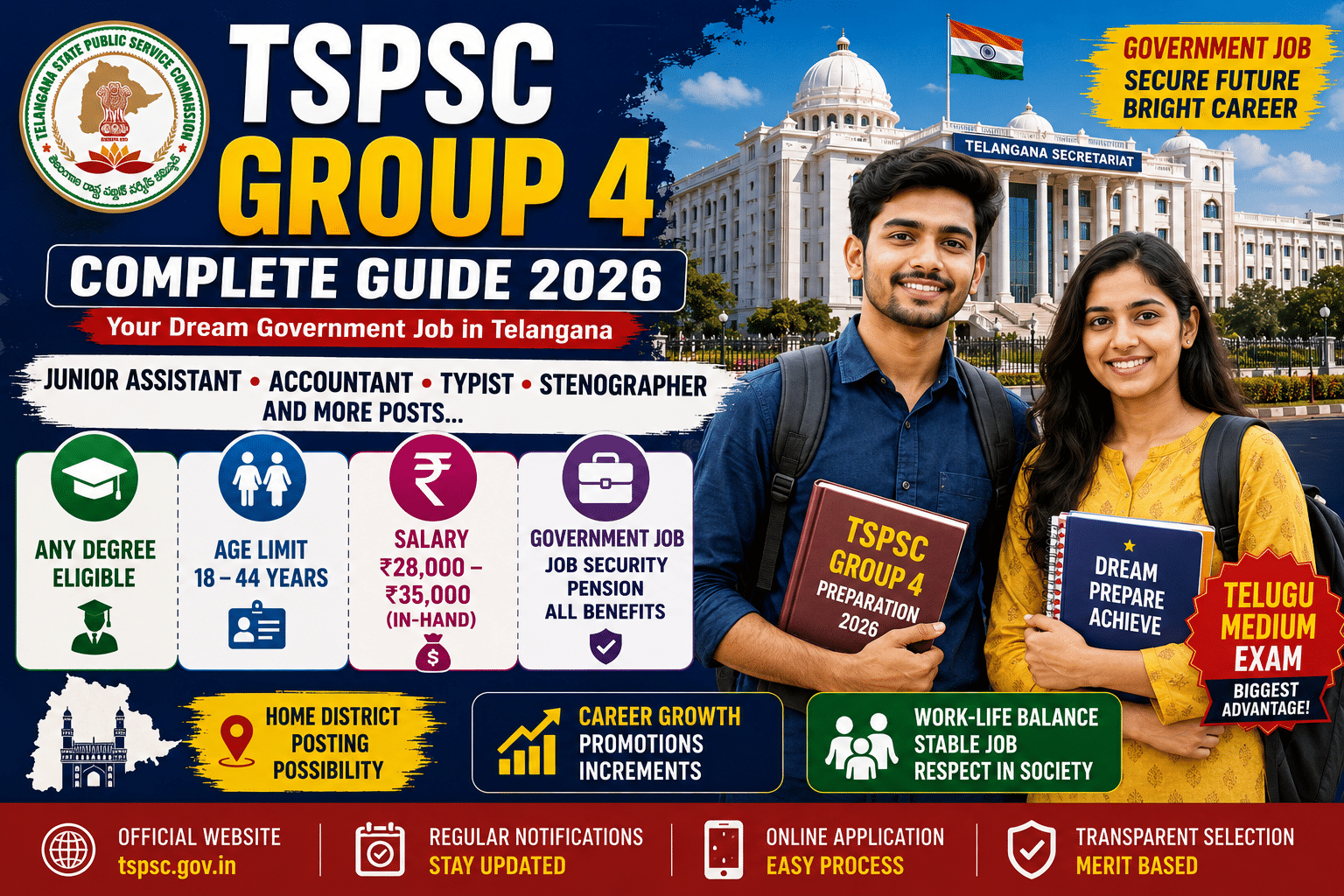 TSPSC Group 4 | TSPSC Group 4 Complete Guide Telugu – Syllabus, Salary, Eligibility 2026